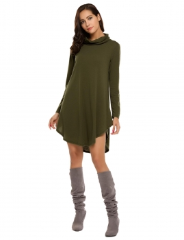 

Army green Turtleneck Long Sleeve Casual Asymmetrical Hem Tunic Dress, Multicolor