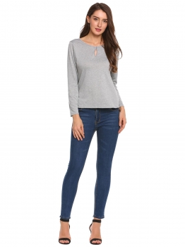 

Gray Solid Front Keyhole O-Neck Long Sleeve Loose Fit Tops, Multicolor