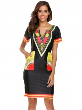 

Black 1 Notch Neck Short Sleeve Prints Pocket Split Hem Dress, Multicolor