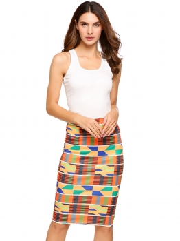 

White Sleeveless Racerback Vest Geometric Patchwork Pencil Skirt Sets, Multicolor