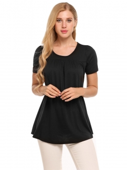 

Black O-Neck Short Sleeve Front Bust Ruched Solid T-Shirts, Multicolor