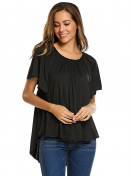 

Black Ruffle Short Sleeve Pleated Dip Hem Solid Tops, Multicolor