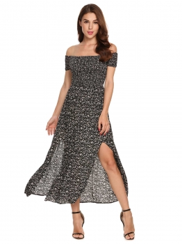 

Black Vintage Print Off Shoulder Split Maxi Dress, Multicolor