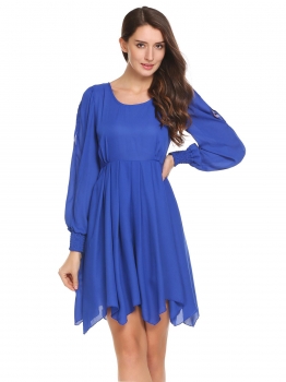 

Blue Backless Long Sleeve Solid Scoop Neck A-Line Dress, Multicolor