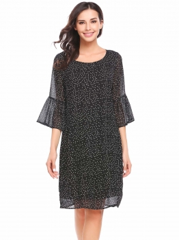 

Black Women Casual O-Neck 3"4 Flare Sleeve A-Line Pleated Hem Dot Chiffon Dress, Multicolor