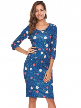 

Blue 3"4 Sleeve Plaid O Neck Pencil Dress, Multicolor