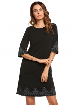 

Black O-Neck Half Sleeve Print Loose Fit Shift Dress, Multicolor