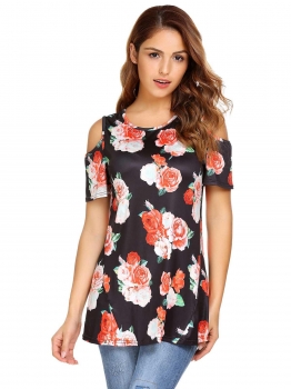 

Black O-Neck Short Sleeve Floral Cold Shoulder Tops, Multicolor
