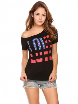 

Black Printed Oblique Collar Short Sleeve Sexy T-shirts, Multicolor