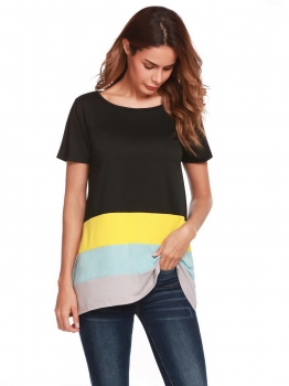 

Black Contrast Color Patchwork O-Neck Short Sleeve Loose T-shirts, Multicolor