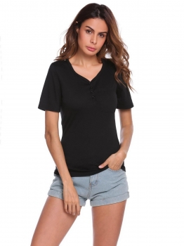 

Black Solid V-Neck Short Sleeve Button Pocket Decor Sexy T-shirts, Multicolor