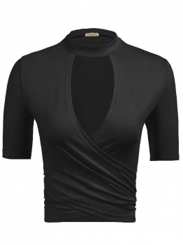 

Black Solid Choker Neck Wrap Front Short Tops, Multicolor
