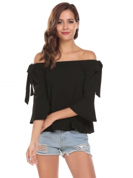 

Black Off the Shoulder Flare Sleeve Bow Tie Tops, Multicolor