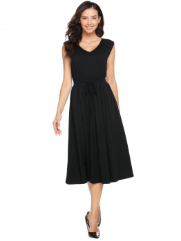 

Black V Neck Sleeveless Drawstring Solid Dress, Multicolor