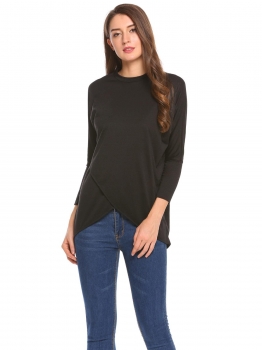 

Black Batwing Sleeve Solid Cross Front Irregular Loose Tops, Multicolor