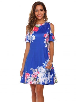 

Blue Cold Shoulder Ruffle Short Sleeves Shift Dress, Multicolor