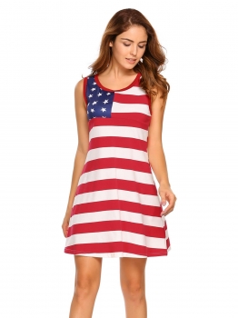 

Red white American Flag Print Loose Sleeveless Dress, Multicolor
