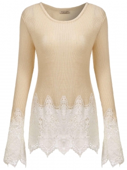 

Apricot Long Sleeve Cable Knitted Lace Patchwork O Neck Slim Fit Sweaters, Multicolor
