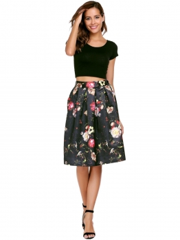 

Black High Waist Vintage Style Printed Pleated Skirt, Multicolor