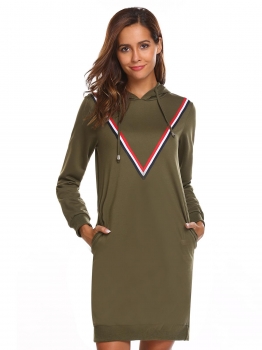 

Army green Women Casual Drawstring Hooded Thread Hem and Cuffs Loose Pocket Hoodie Dress, Multicolor