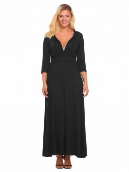 

Black Plunging Neck 3"4 Sleeve Solid Plus Size Maxi Dress, Multicolor