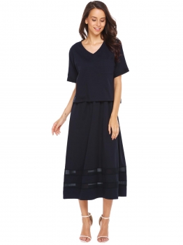 

Dark blue Solid Short Sleeve Top Mesh Patchwork Dress Two Pieces, Multicolor