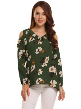 

Green Floral Ruffle O-Neck Long Sleeve Cold Shoulder Chiffon Tops, Multicolor
