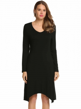 

Black V-Neck Long Sleeve Solid Irregular Hem Slim Dress, Multicolor