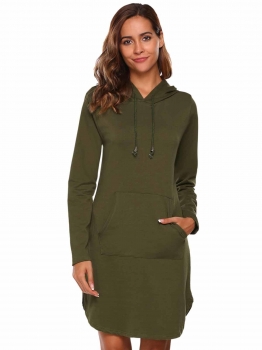 

Army green Split Hem Solid Hoodie Dress with Kangaroo Pocket, Multicolor