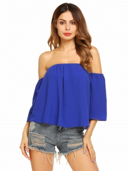 

Blue Off the Shoulder 3"4 Sleeve Solid Casual top, Multicolor