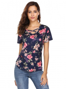 

Dark blue Floral Cross V-Neck Short Sleeve Basic T-Shirts, Multicolor