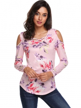 

Purple Women Casual Long Sleeve Floral Print Cold Shoulder T-Shirt, Multicolor