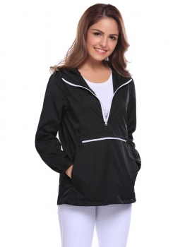

Black Drawstring Hooded Long Sleeve Elastic Cuffs Windproof Jacket, Multicolor