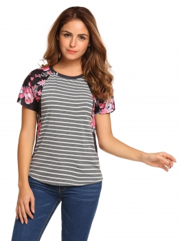 

Gray Raglan Short Sleeve Floral Striped Loose Leisure Tops, Multicolor