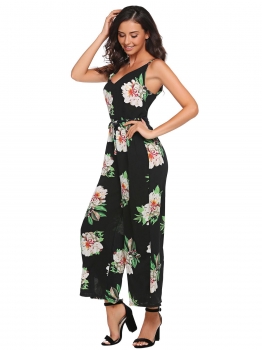 

Black Spaghetti Strap Sleeveless Floral Jumpsuit with Belt, Multicolor