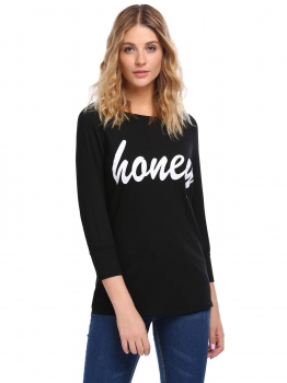 

Black O-Neck 3"4 Sleeve Solid Letter Print Back Hole Tops, Multicolor