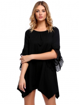 

Black Solid O-Neck 3"4 Sleeve Chiffon Patchwork Ruffle Loose Dress, Multicolor