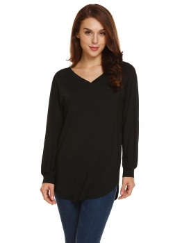 

Black V-Neck Long Sleeve Solid Tunic Tops, Multicolor