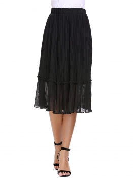 

Black Elastic High Waist Pleated Solid Crimp Skirt, Multicolor