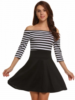 

Black Off the Shoulder 3"4 Sleeve Striped Patchwork A-Line Dress, Multicolor