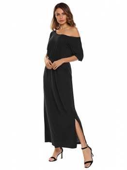 

Black One Shoulder Solid Maxi Dress with Pockets, Multicolor