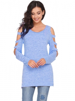 

Blue Long Sleeve Cold Shoulder Solid Loose Holes Cutouts Tops, Multicolor