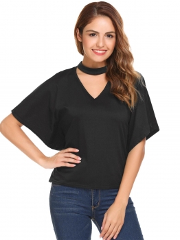 

Black Solid Choker Neck Batwing Sleeve Loose Tops, Multicolor