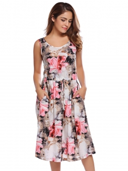 

White Sleeveless Floral Drawstring A-Line Dress, Multicolor