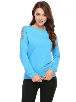 

Blue Solid Hollow Out O-Neck Long Sleeve Shoulder Tops, Multicolor