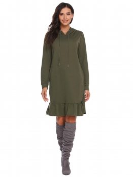 

Army green Hooded Drawstring Long Sleeve Pocket Ruffle Hoodie Dress, Multicolor