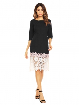 

Black Cotton 3"4 Sleeve Lace Patchwork Bodycon Mild-calf Dress, Multicolor