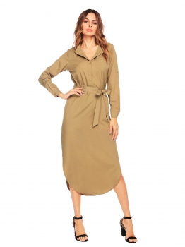 

Army green Women Turn Down Collar Long Sleeve Maxi Dress Full Length Solid Party, Multicolor