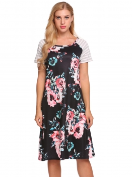 

Black Short Sleeve Floral Tee Loose Dress, Multicolor