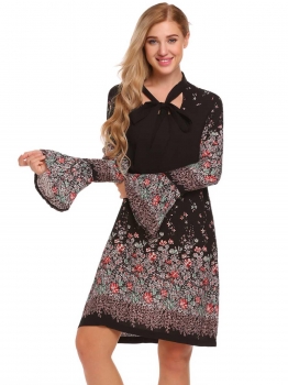

Black Flare Sleeve Tie-bow Neck Vintage Style Loose Dress, Multicolor
